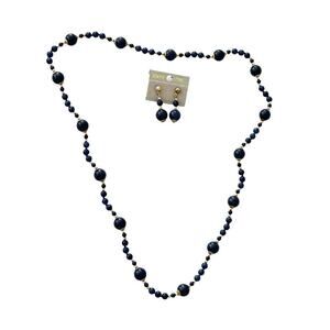 Blue lapis gemstone with gold tone beaded 18 inch necklace matching earrings